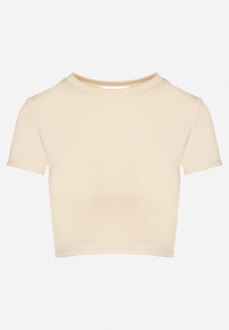 Beżowy T-shirt z Wiskozą o Dopasowanym Kroju Typu Crop Top Folirra