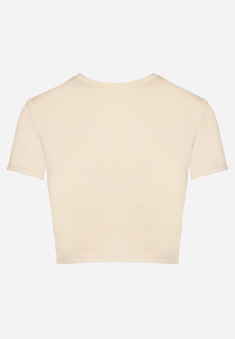 Beżowy T-shirt z Wiskozą o Dopasowanym Kroju Typu Crop Top Folirra