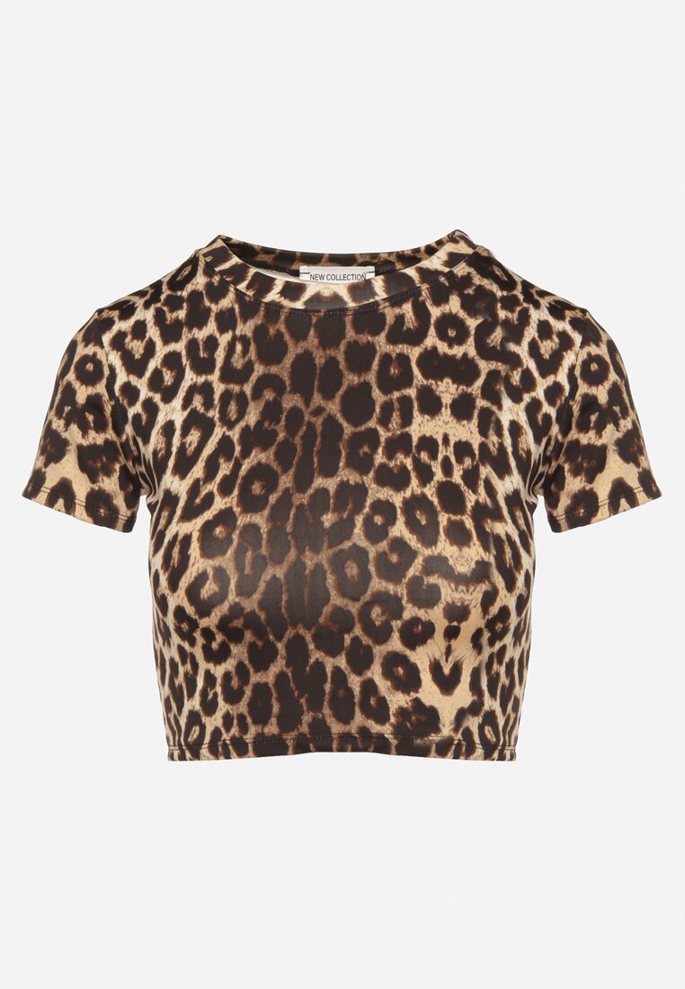 Panterkowy T-shirt z Wiskozą o Dopasowanym Kroju Typu Crop Top Folirra