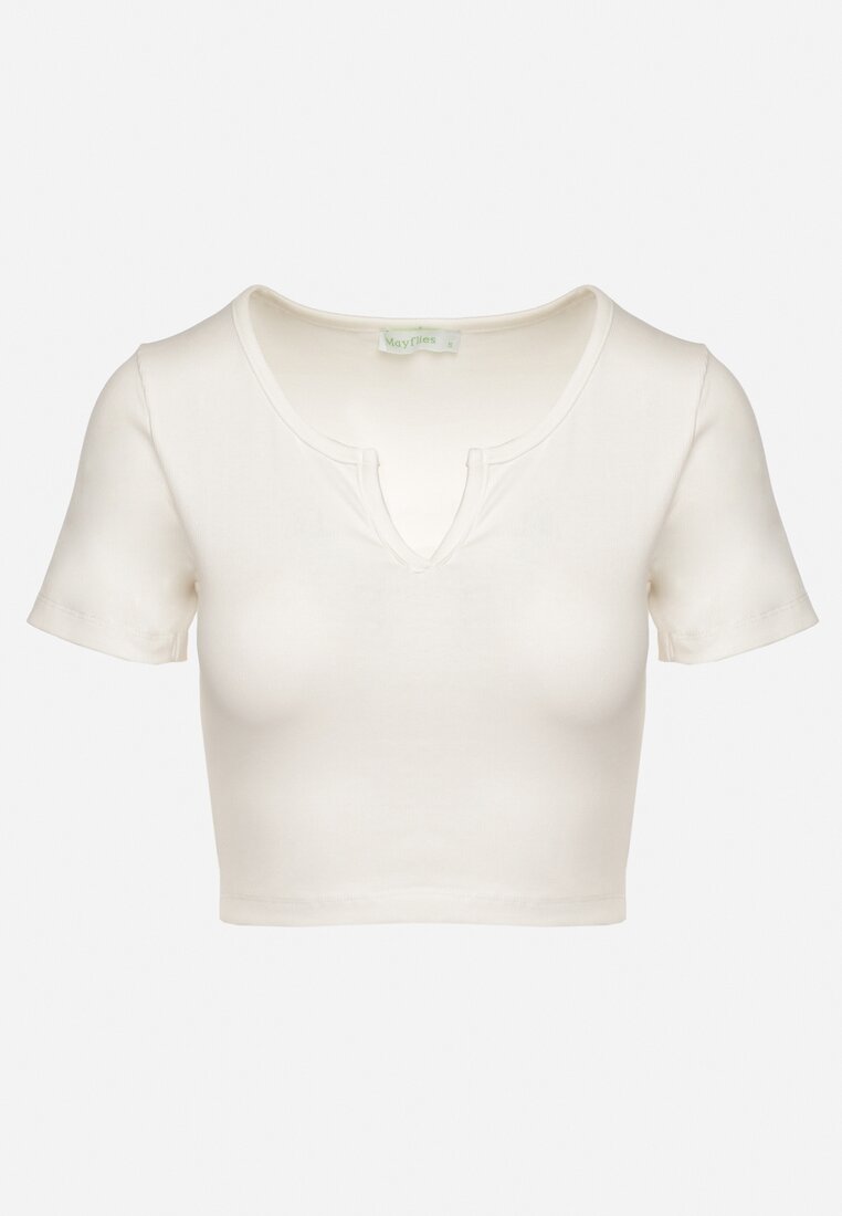 Beżowy Bawełniany T-shirt z Prążkowanego Materiału Linalora
