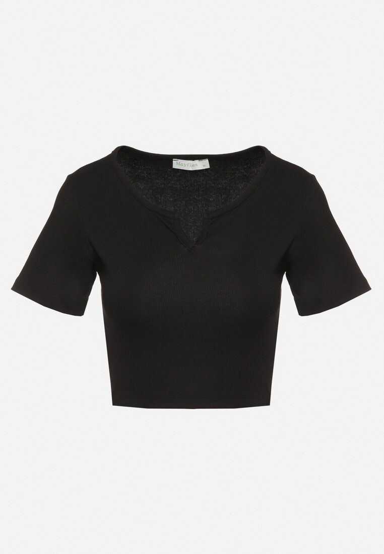 Czarny Bawełniany T-shirt z Prążkowanego Materiału Linalora