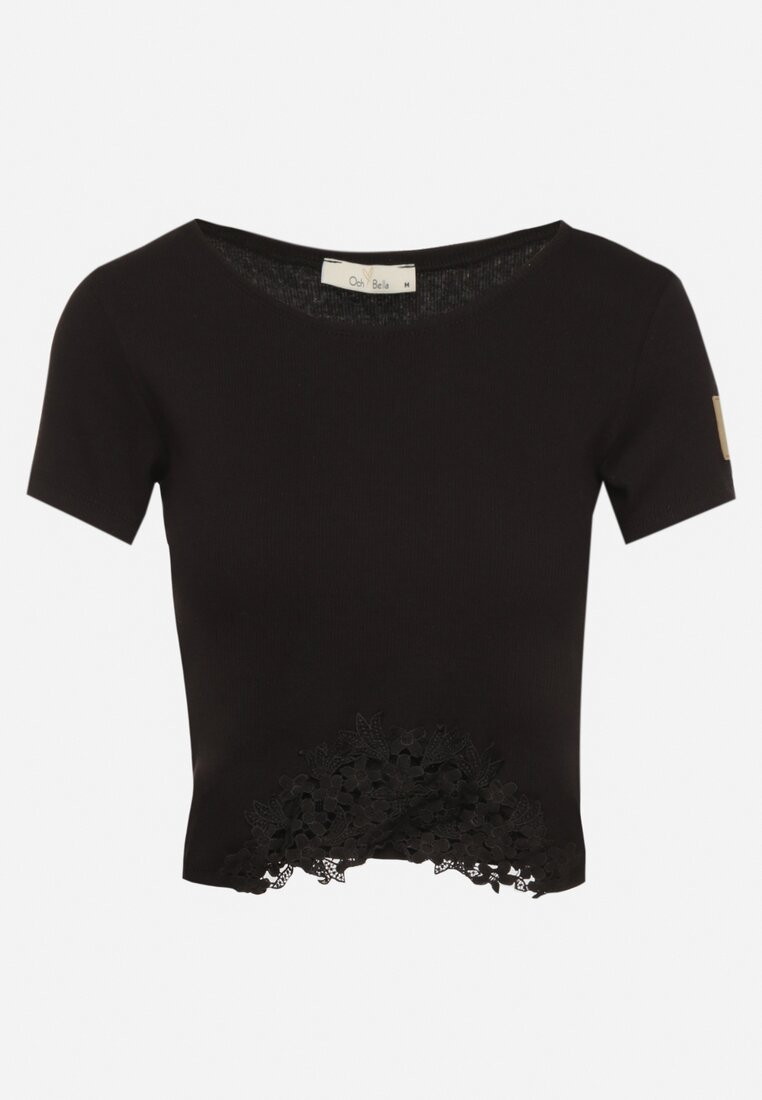 Czarny Prążkowany T-shirt Zdobiony Koronką Lizeira