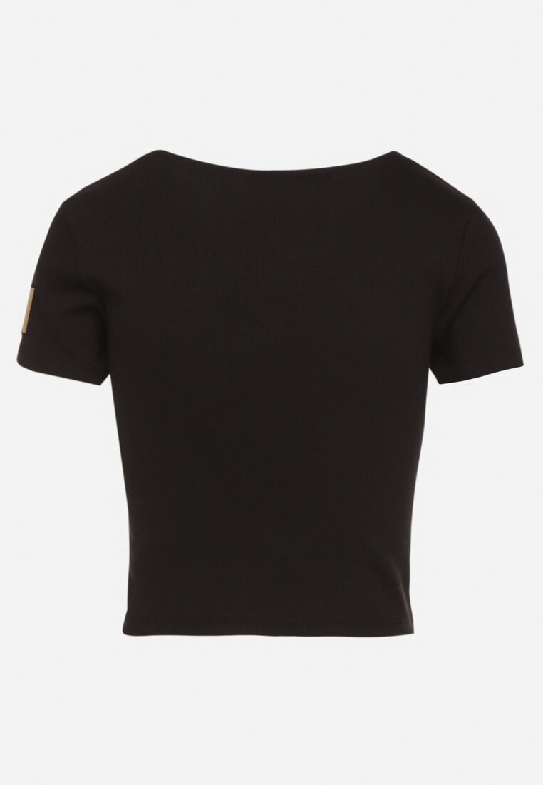 Czarny Prążkowany T-shirt Zdobiony Koronką Lizeira