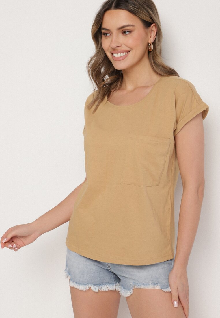 Beżowy T-shirt z Bawełny Ozdobiony Kieszonką Ziarene