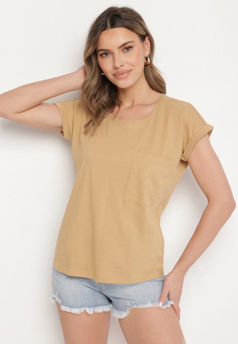 Beżowy T-shirt z Bawełny Ozdobiony Kieszonką Ziarene