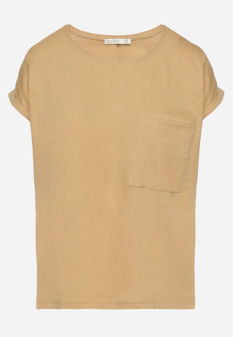 Beżowy T-shirt z Bawełny Ozdobiony Kieszonką Ziarene