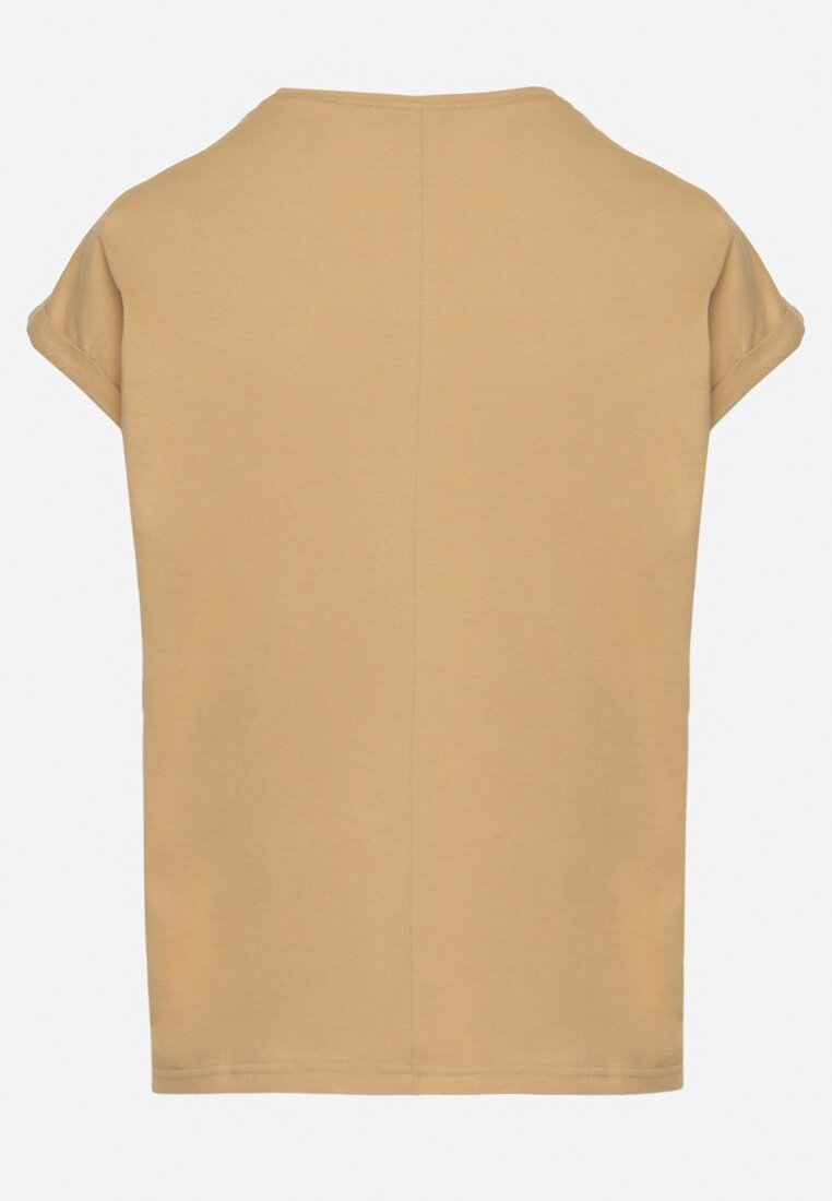 Beżowy T-shirt z Bawełny Ozdobiony Kieszonką Ziarene