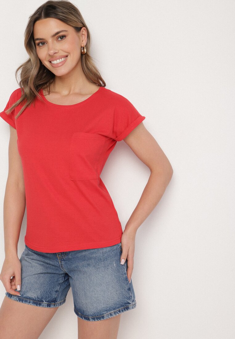 Czerwony T-shirt z Bawełny Ozdobiony Kieszonką Ziarene