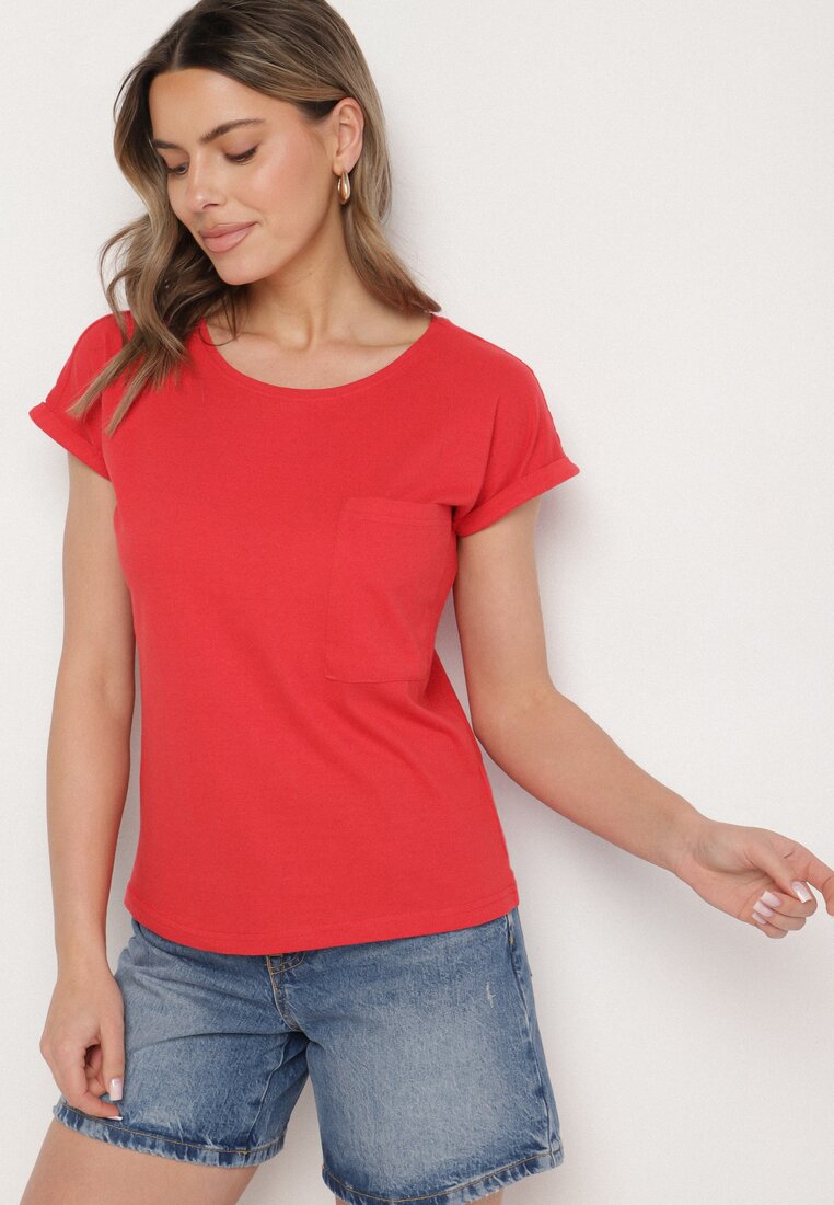 Czerwony T-shirt z Bawełny Ozdobiony Kieszonką Ziarene