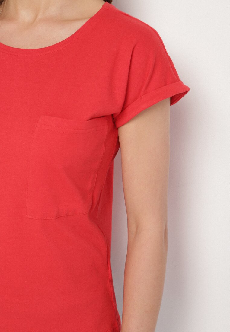 Czerwony T-shirt z Bawełny Ozdobiony Kieszonką Ziarene