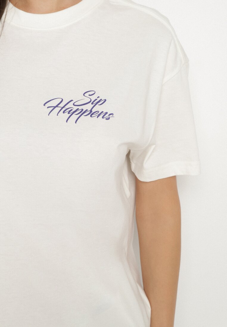 Jasnobeżowy Bawełniany T-shirt z Ozdobnym Nadrukiem Addlessa