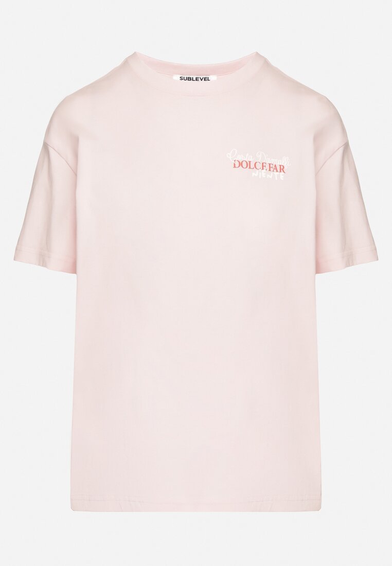 Jasnoróżowy Bawełniany T-shirt z Ozdobnym Nadrukiem Addlessa