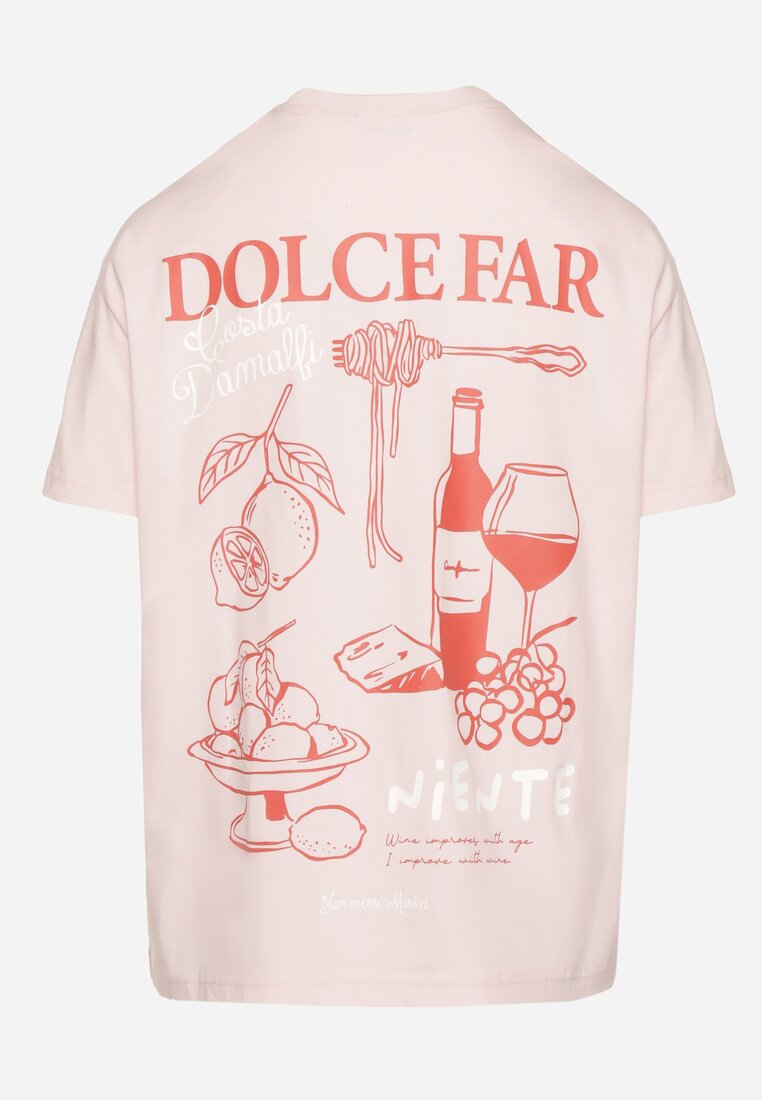 Jasnoróżowy Bawełniany T-shirt z Ozdobnym Nadrukiem Addlessa