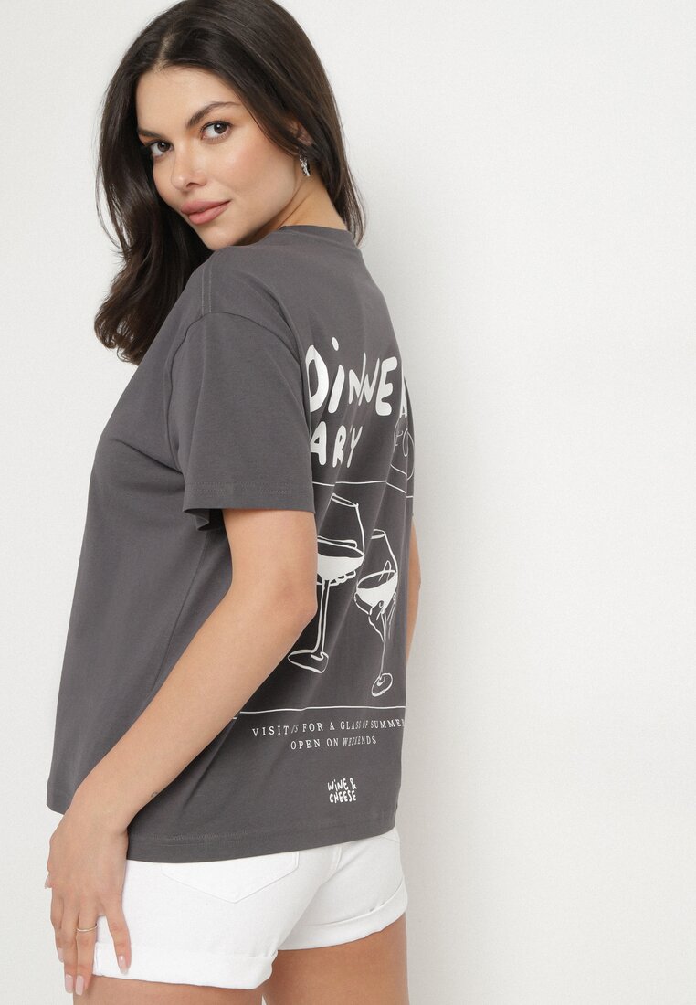 Ciemnoszary Bawełniany T-shirt z Ozdobnym Nadrukiem Addlessa