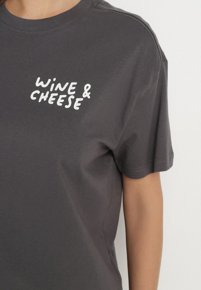 Ciemnoszary Bawełniany T-shirt z Ozdobnym Nadrukiem Addlessa