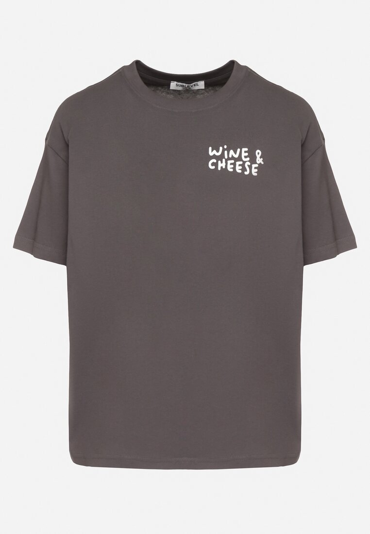 Ciemnoszary Bawełniany T-shirt z Ozdobnym Nadrukiem Addlessa
