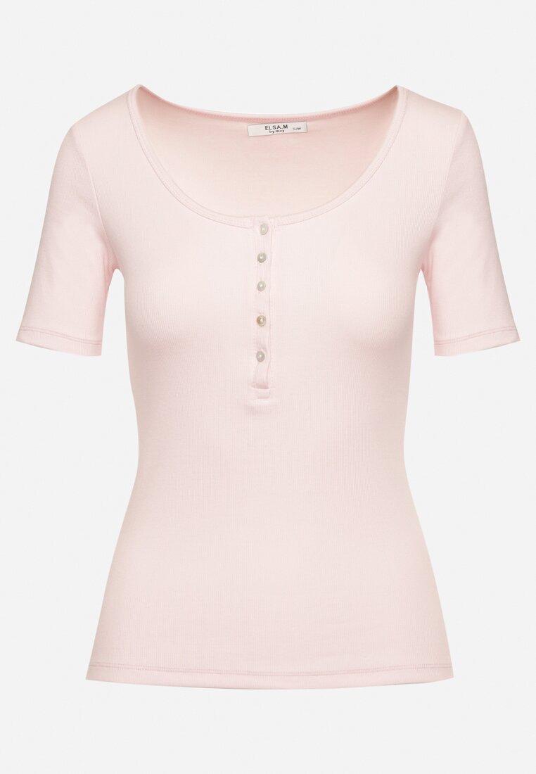 Różowy Prążkowany T-shirt z Bawełny Ozdobiony Guzikami Tasavia