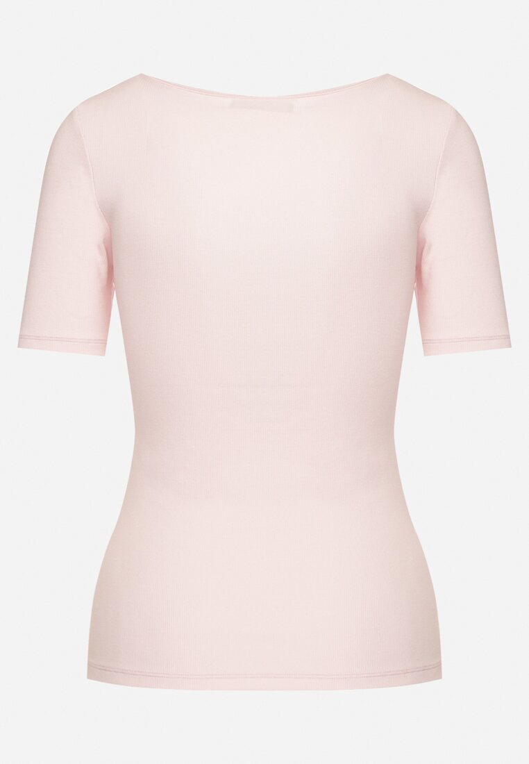 Różowy Prążkowany T-shirt z Bawełny Ozdobiony Guzikami Tasavia