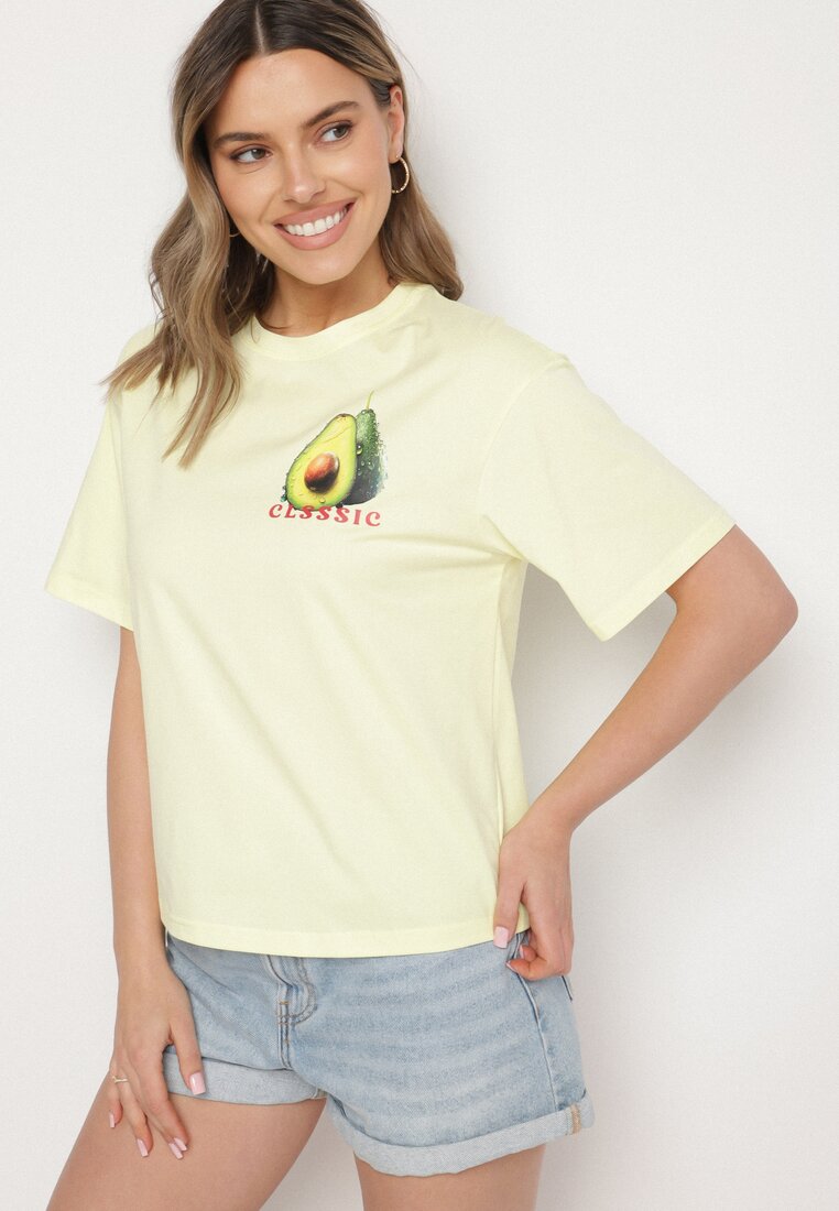 Żółty T-shirt z Bawełną i Motywem Awokado Addixa