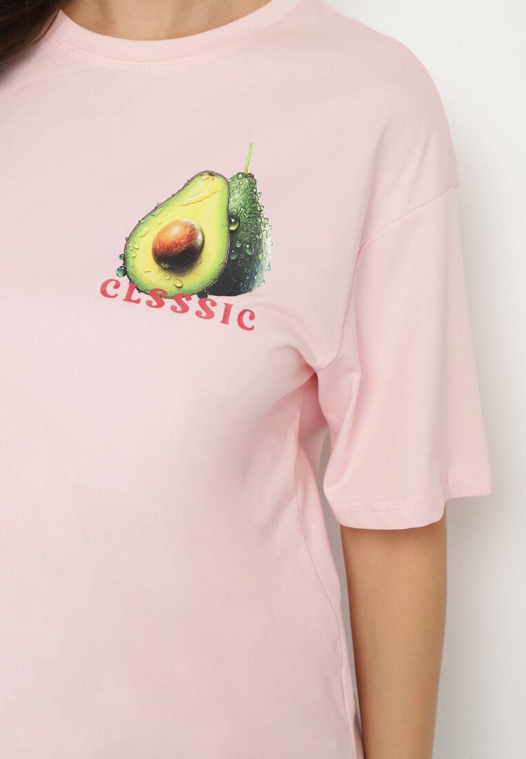 Różowy T-shirt z Bawełną i Motywem Awokado Addixa