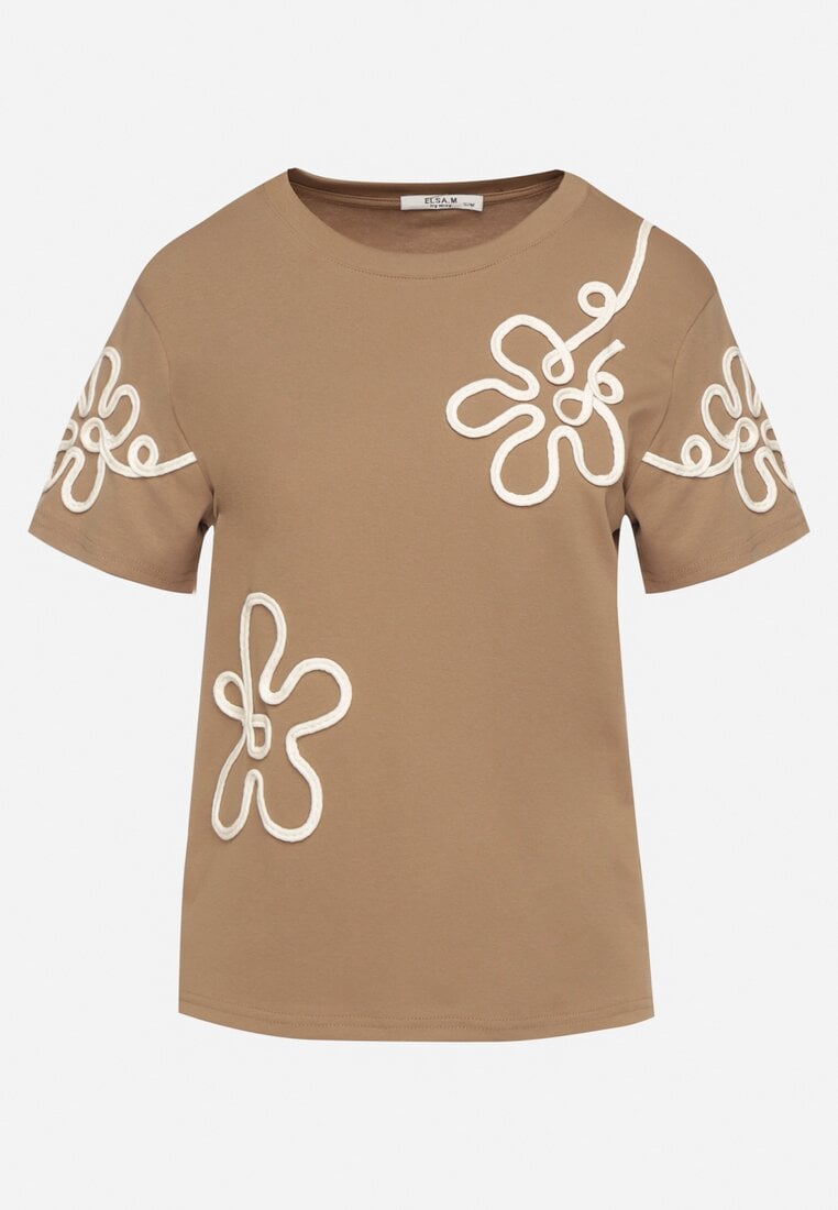 Jasnobrązowy T-shirt z Kwiatowymi Aplikacjami Tilenna