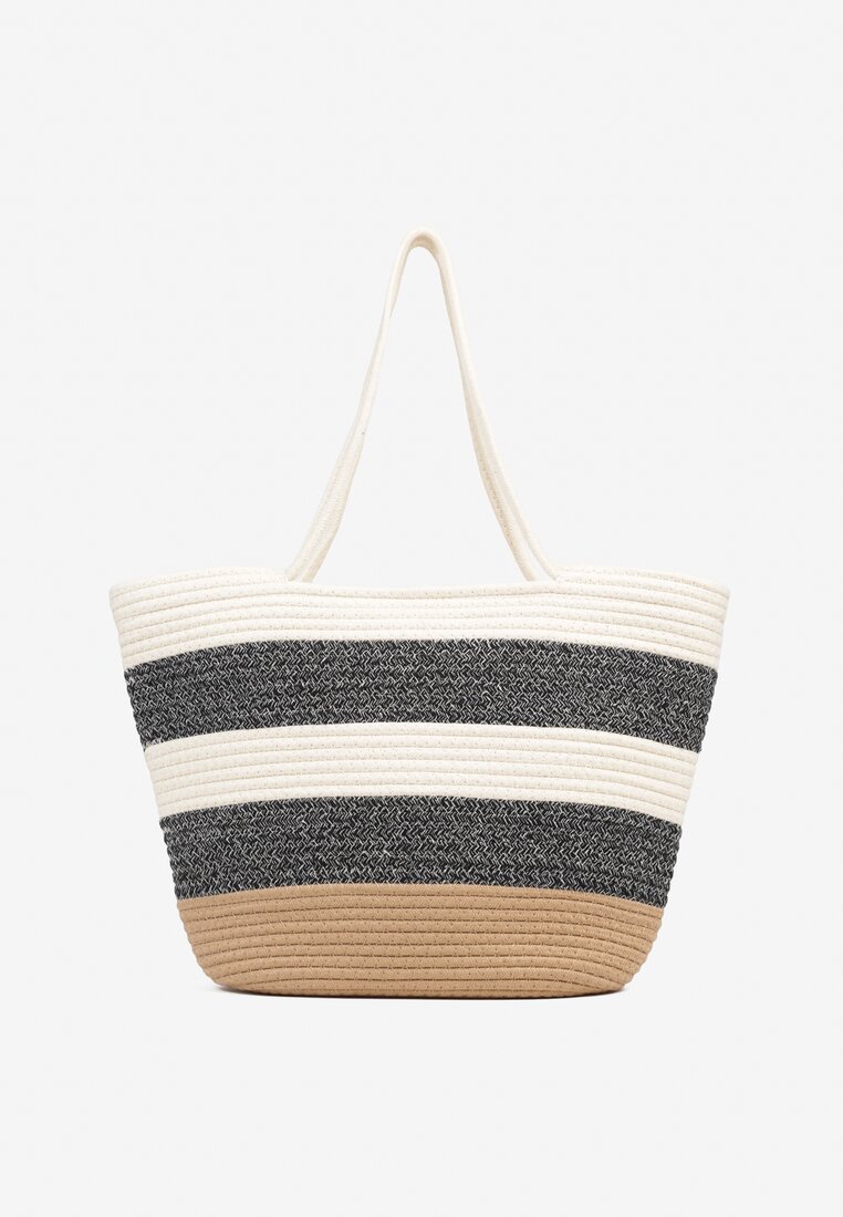 Czarno-Beżowa Torebka Typu Shopper z Bawełny Ozdobiona Paskami Lirellea