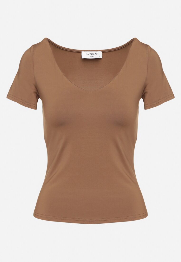 Brązowy T-shirt z Wiskozą o Dopasowanym Kroju z Dekoltem w Serek Folarisse