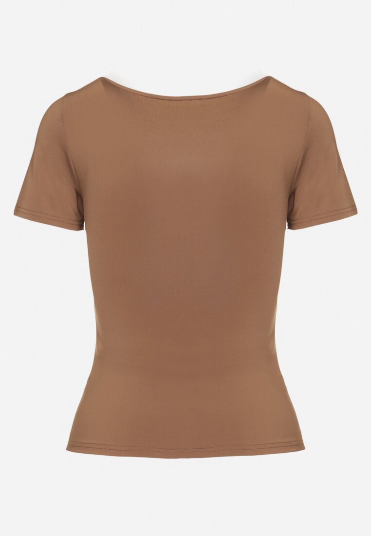 Brązowy T-shirt z Wiskozą o Dopasowanym Kroju z Dekoltem w Serek Folarisse