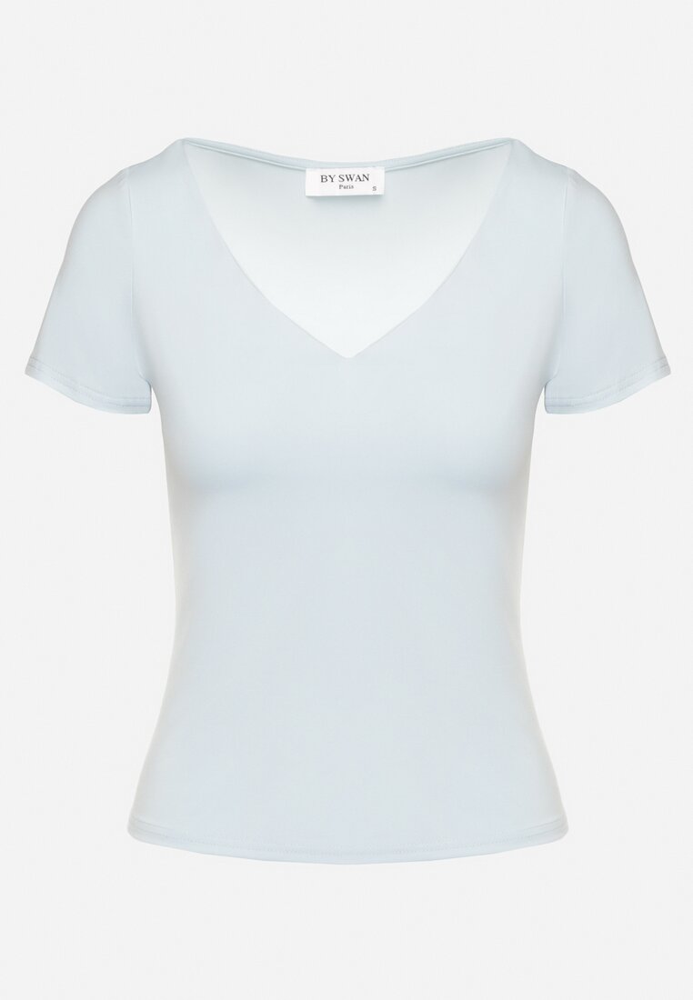Jasnoniebieski T-shirt z Wiskozą o Dopasowanym Kroju z Dekoltem w Serek Folarisse