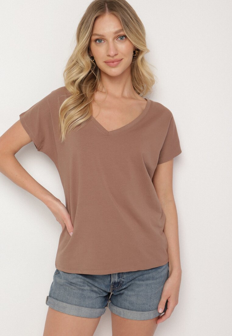 Ciemnobeżowy Bawełniany T-shirt z Trójkątnym Dekoltem Linarosea