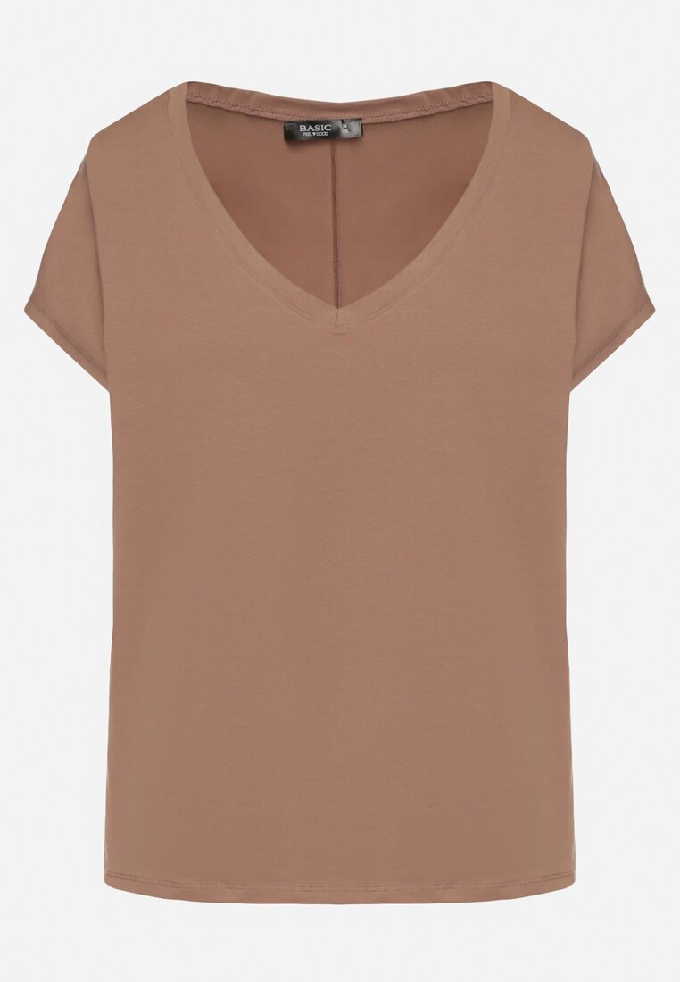 Ciemnobeżowy Bawełniany T-shirt z Trójkątnym Dekoltem Linarosea