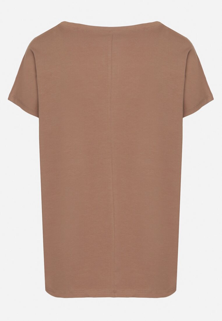 Ciemnobeżowy Bawełniany T-shirt z Trójkątnym Dekoltem Linarosea