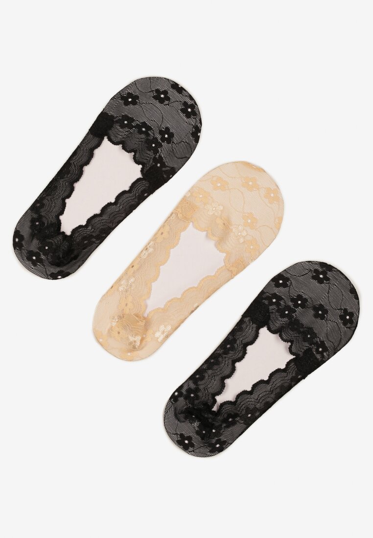Beżowo-Czarne Koronkowe Skarpety o Kroju Baletek 3-Pack Liliona