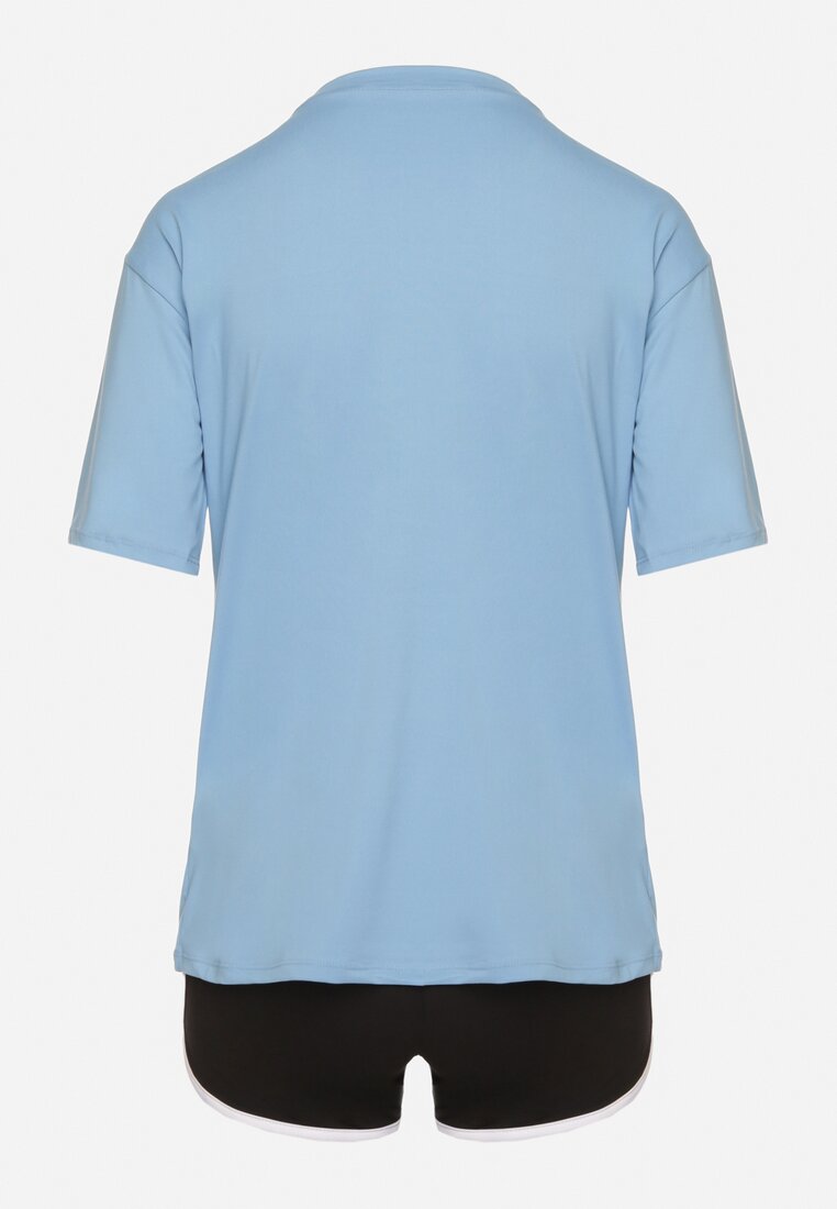 Niebiesko-Czarny Komplet T-shirt z Nadrukiem i Szorty z Lamówką Aravonne