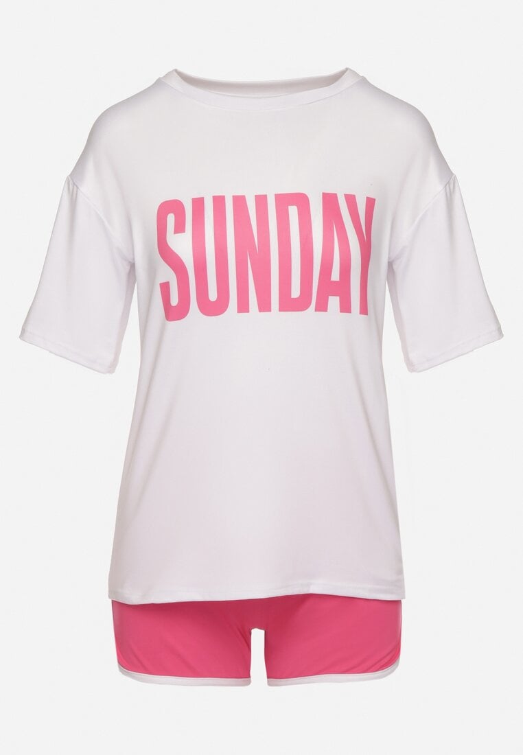 Biało-Fuksjowy Komplet T-shirt z Nadrukiem i Szorty z Lamówką Aravonne