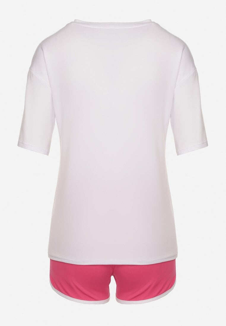 Biało-Fuksjowy Komplet T-shirt z Nadrukiem i Szorty z Lamówką Aravonne