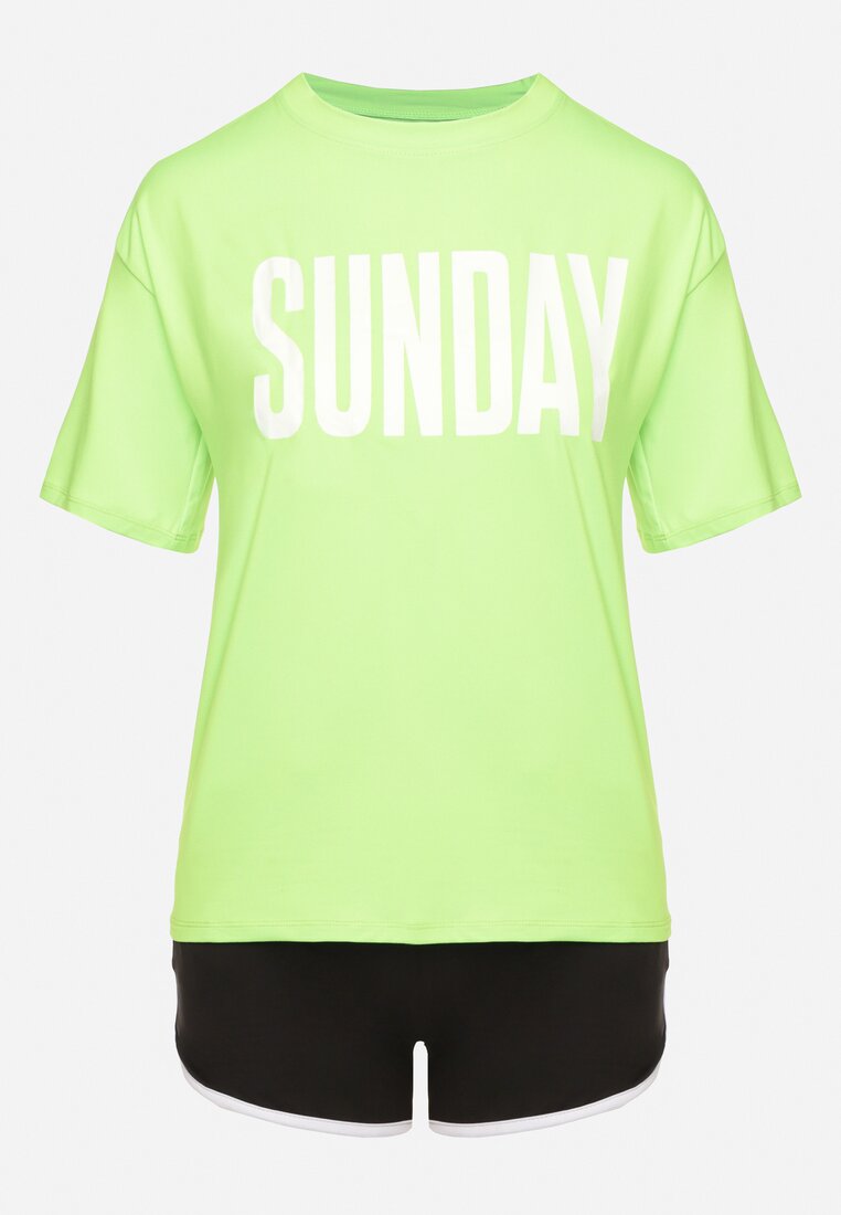 Zielono-Czarny Komplet T-shirt z Nadrukiem i Szorty z Lamówką Aravonne
