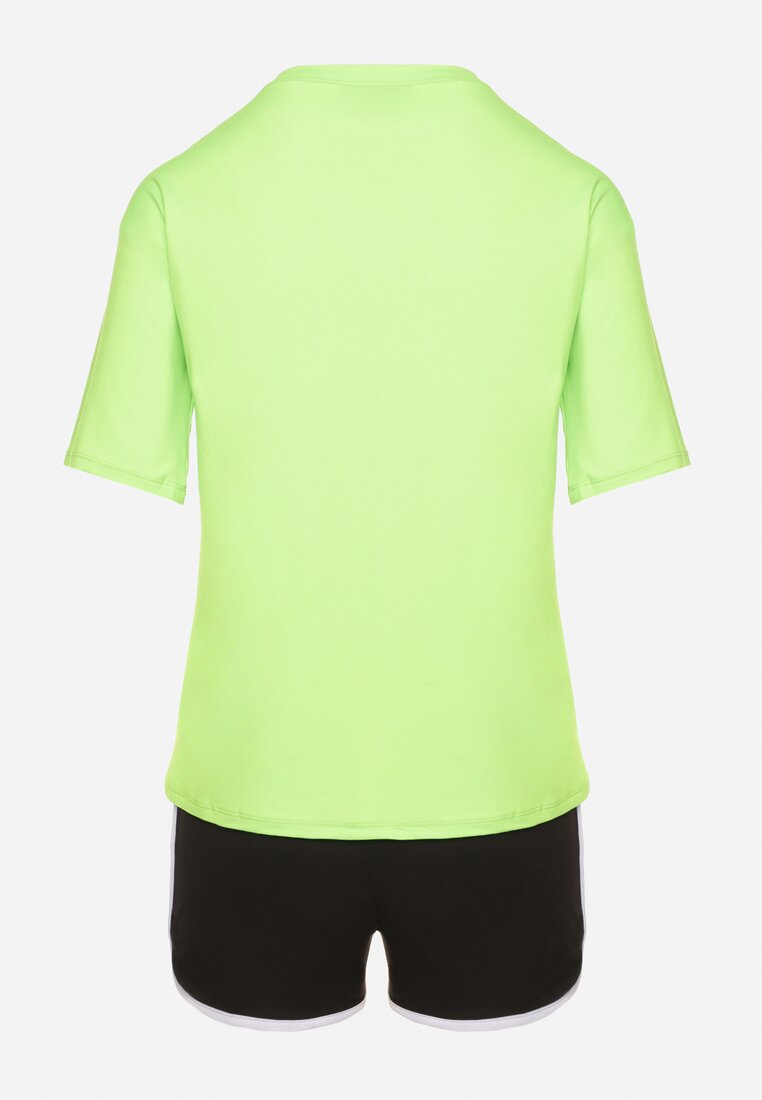 Zielono-Czarny Komplet T-shirt z Nadrukiem i Szorty z Lamówką Aravonne