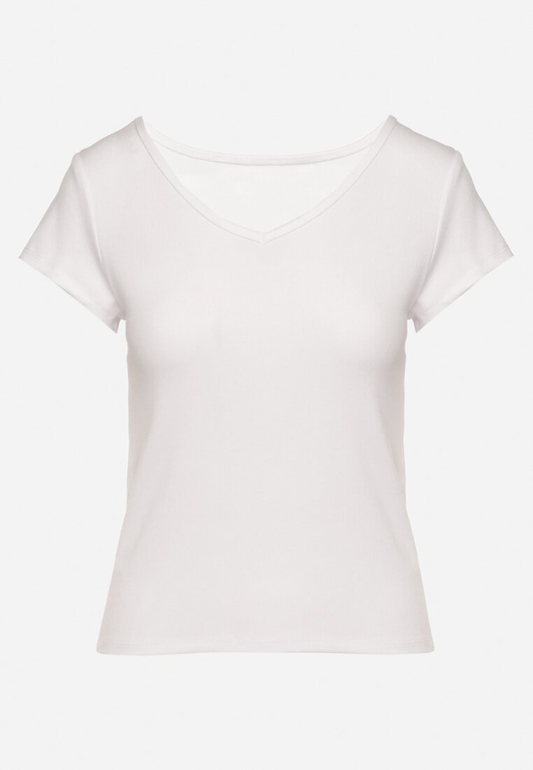 Biały T-shirt z Wiskozą z Prążkowanej Dzianiny Ralendria