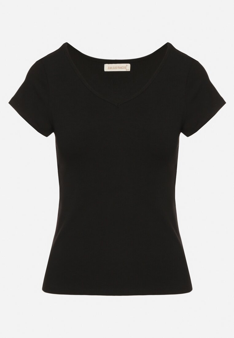 Czarny T-shirt z Wiskozą z Prążkowanej Dzianiny Ralendria