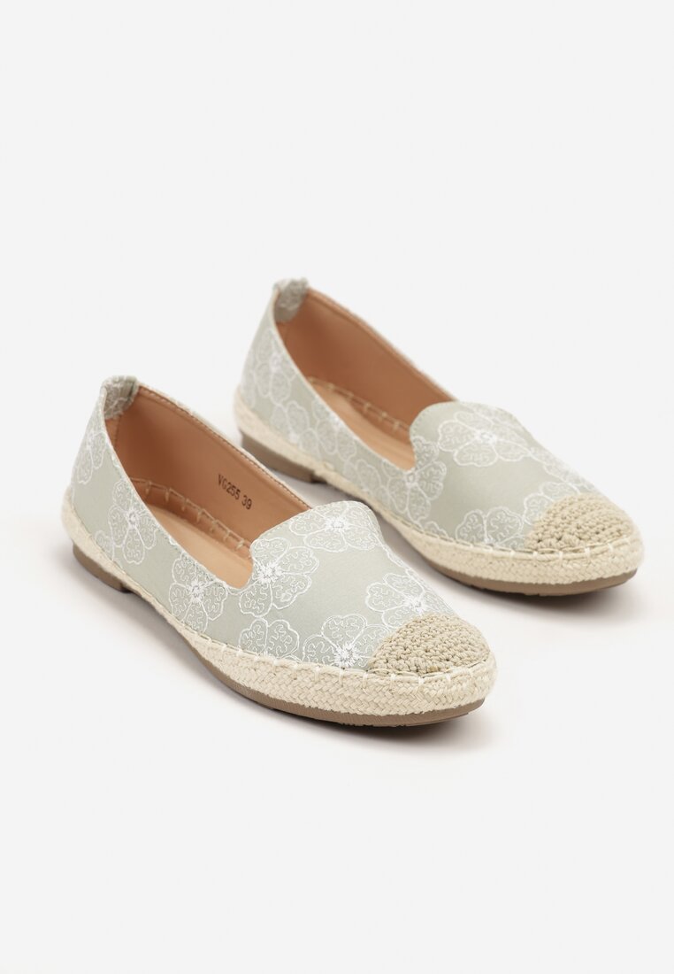 Jasnozielone Espadryle w Kwiaty z Plecionką Raloria