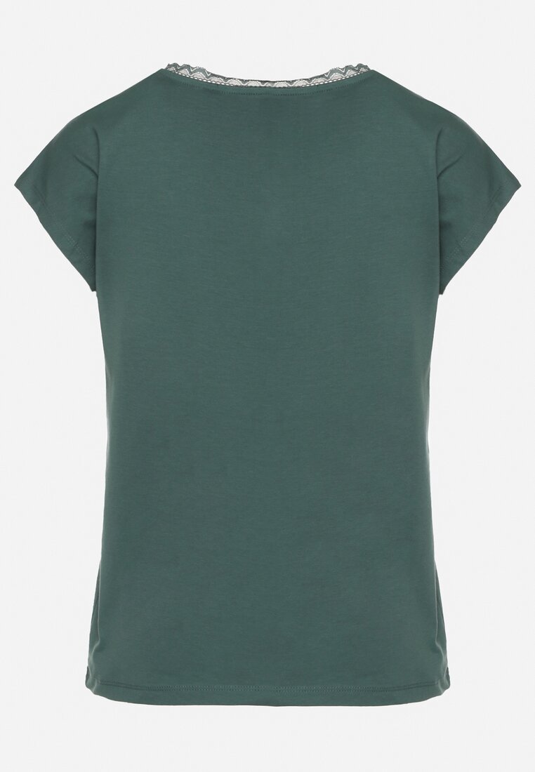 Ciemnozielony Bawełniany T-shirt z Koronką przy Dekolcie Ralettia