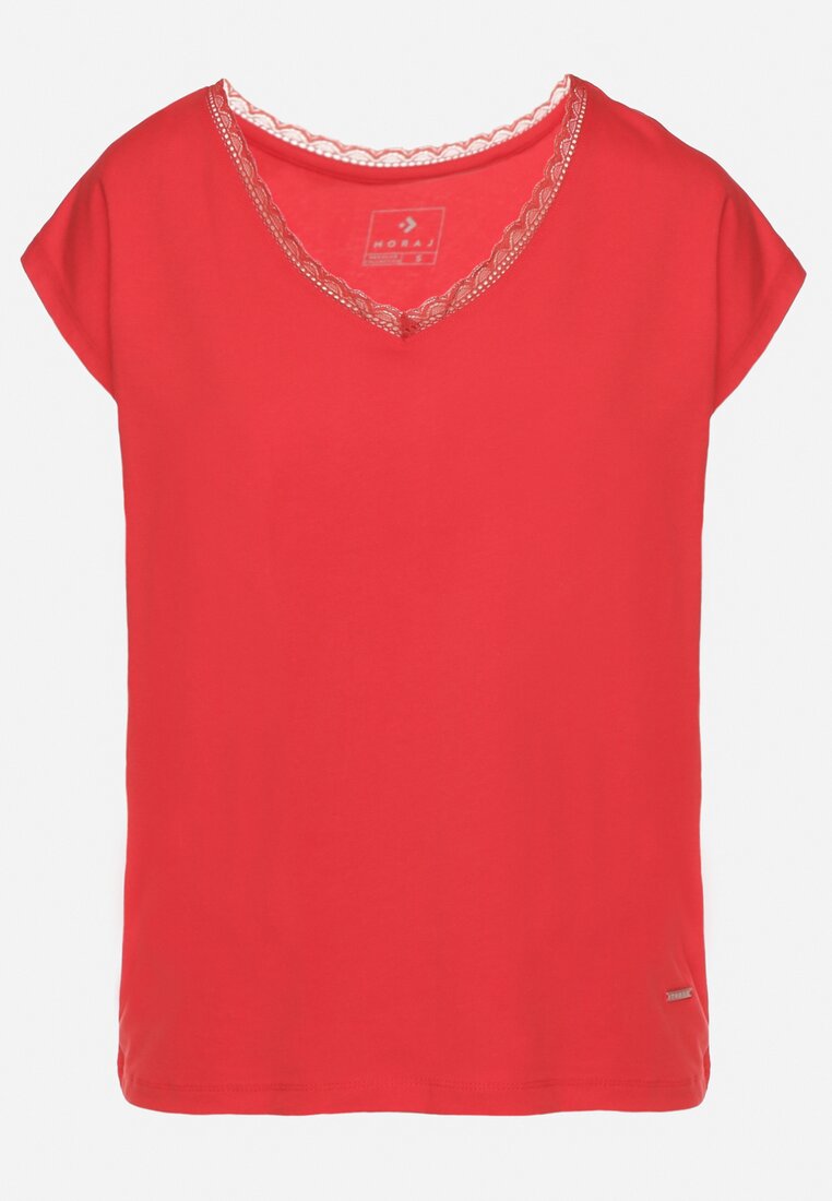 Czerwony Bawełniany T-shirt z Koronką przy Dekolcie Ralettia