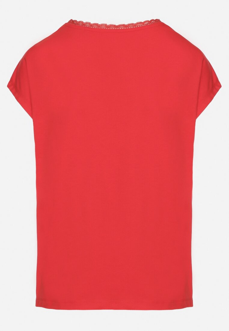 Czerwony Bawełniany T-shirt z Koronką przy Dekolcie Ralettia