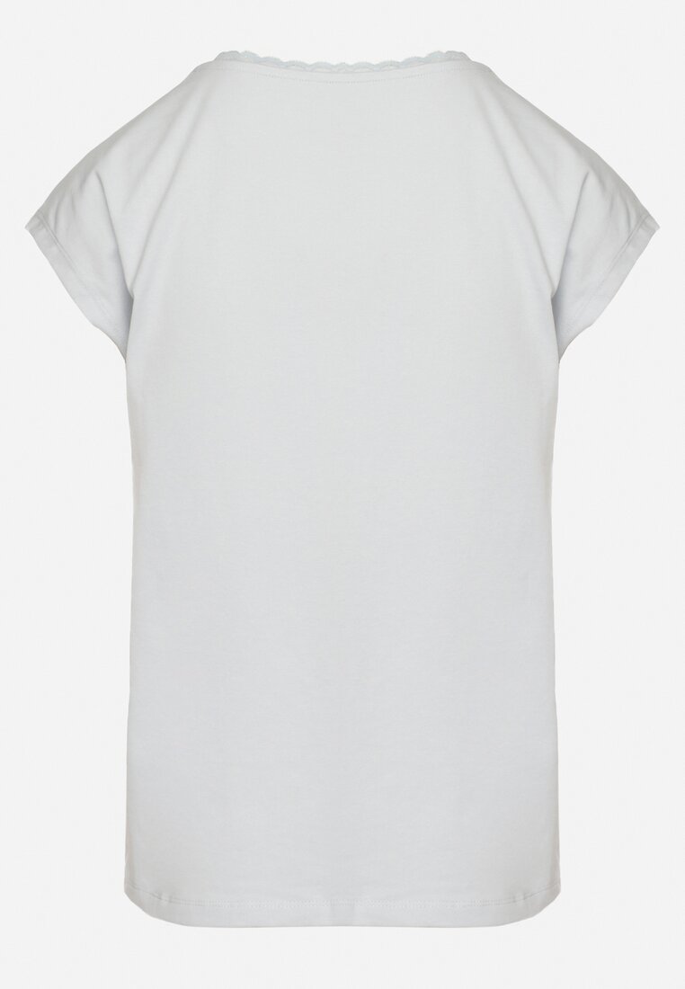 Jasnoniebieski Bawełniany T-shirt z Koronką przy Dekolcie Ralettia