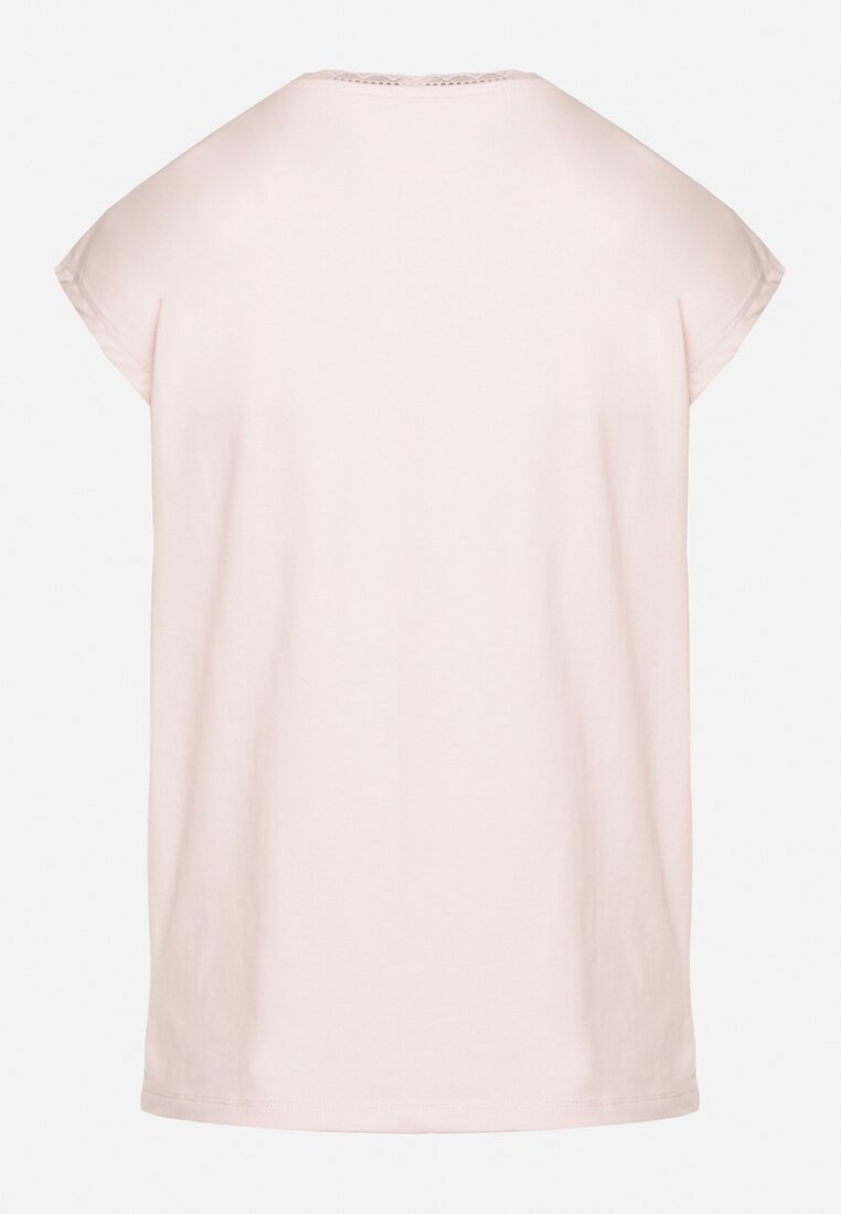 Jasnoróżowy Bawełniany T-shirt z Koronką przy Dekolcie Ralettia