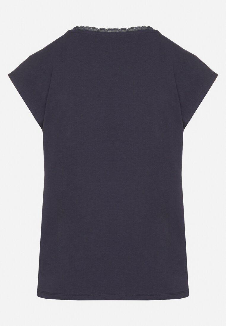 Granatowy Bawełniany T-shirt z Koronką przy Dekolcie Ralettia