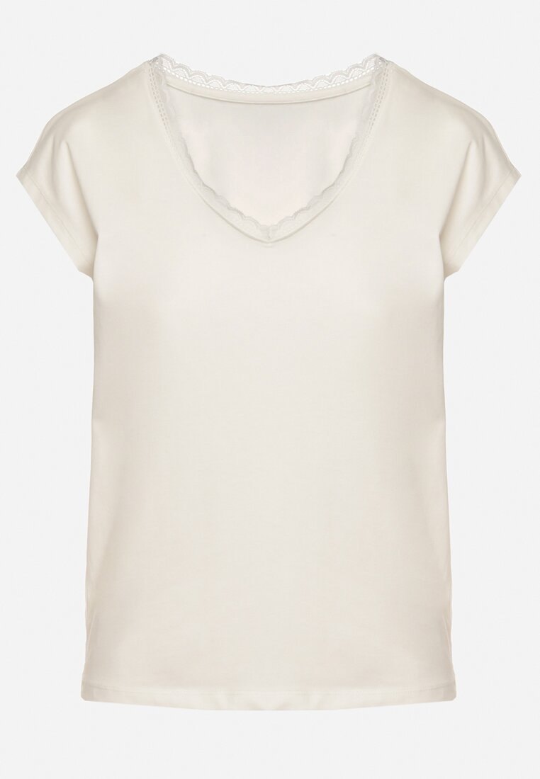 Biały Bawełniany T-shirt z Koronką przy Dekolcie Ralettia