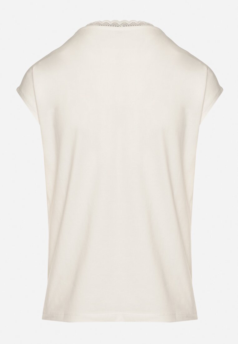 Biały Bawełniany T-shirt z Koronką przy Dekolcie Ralettia
