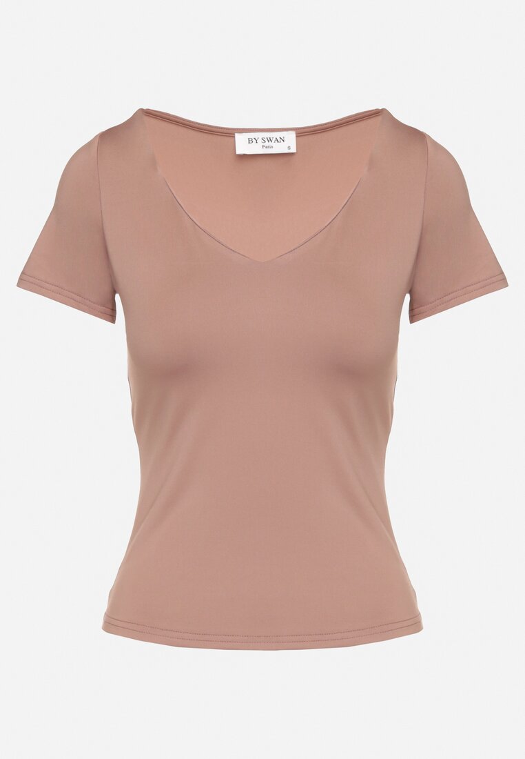Ciemnoróżowy T-shirt z Wiskozą o Dopasowanym Kroju z Dekoltem w Serek Folarisse